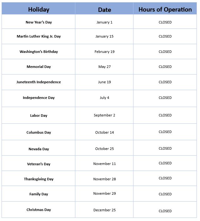 First Security Bank of Nevada > About Us > 2024 Holiday Schedule